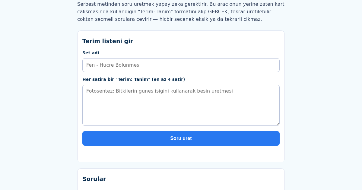 TerimSoru: LGS/YKS Terim-Tanım Çoktan Seçmeli Soru Üretici